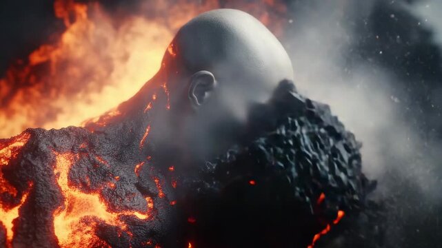 A fiery creature or lava golem comes to life, demonstrating power and transformation. Ideal for fantasy, special effects and mystical themes. Use for concepts of change and superpowers.