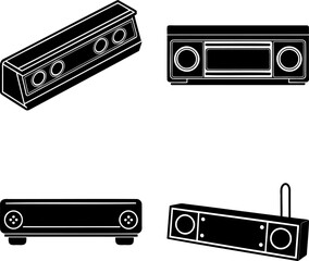 Stylized Black and White Illustration of Four Different Soundbar Speakers
