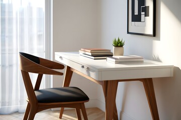 Modern wooden chair and white desk with books and plant