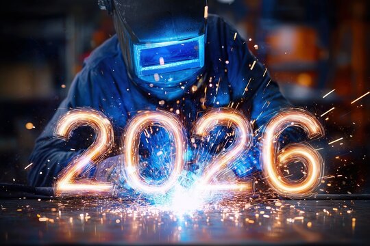 2026 new year numbers metal sparks with welder in workshop