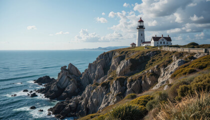 A white lighthouse with a red top sits atop a rocky cliff overlooking the ocean under a partly cloudy sky.
