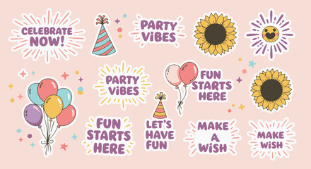 Lively Party and Celebration Graphic Elements Collection. ideal for invitations, social media posts, event promotions, or any design needing to capture a joyful atmosphere.