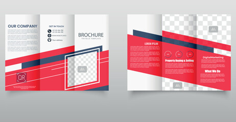 Corporate Red and Blue Trifold Brochure Template for Business Promotion. Modern red and blue trifold brochure template with geometric design elements, perfect for business advertising, marketing.
