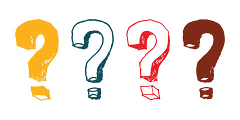 Question marks vector illustration set in yellow, teal, red, and brown on a white background.