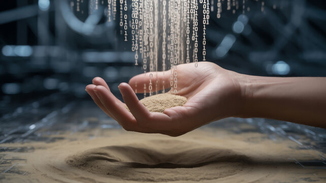 A hand holding sand with binary code falling above it in a blurred background artistic concept