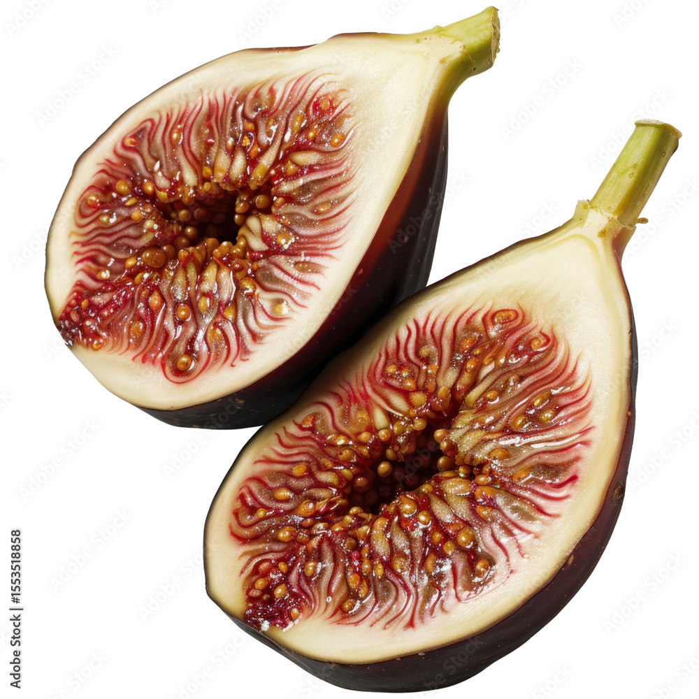 Poster fresh fig halves display intricate patterns and vibrant colors, showcasing their unique texture and 