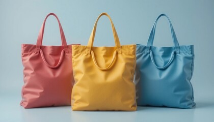 Colorful tote bags in red, yellow, and blue on a blue background