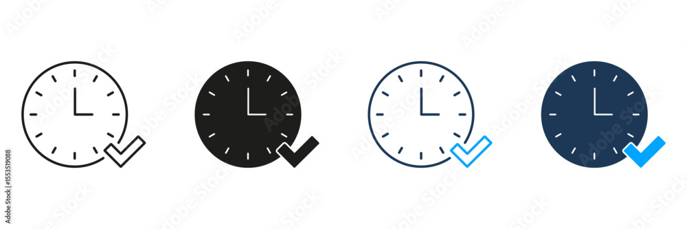Poster clock with checkmark line and solid icon set. time management, task completion, and schedule confirm