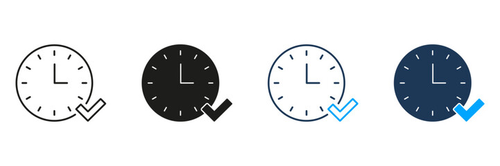 Clock With Checkmark Line And Solid Icon Set. Time Management, Task Completion, And Schedule Confirmation Symbol Collection. Efficient Planning And Productivity. Isolated Vector Illustration