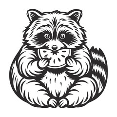 Fototapeta premium Monochrome vector illustration features a chubby raccoon sitting and holding a slice of watermelon, enjoying a sweet treat in a simple yet captivating design