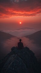 Fototapeta premium Silhouette of person sitting on rock formation with red sunset and mountains in the background view