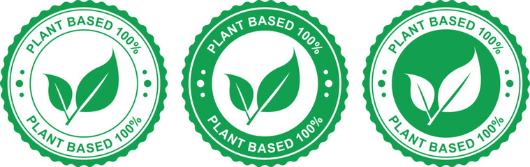 green circular plant based 100 percent labels with leaf icons in flat vector style design	
