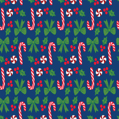 Christmas seamless pattern with classic candy canes, holly, and bows. Perfect for holiday textiles, wrapping paper and digital scrapbooking.