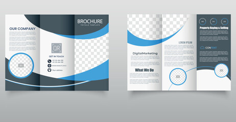 Corporate Blue and Blue Trifold Brochure Template for Business Promotion. Modern red and blue trifold brochure template with geometric design elements, perfect for business advertising, marketing.