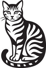 Elegant sitting cat black and white illustration, Minimalist feline pose vector style