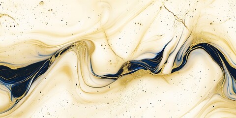 A close-up of luxurious cream-colored marble ink with delicate lines of gold and dark blue veins weaving throughout the surface