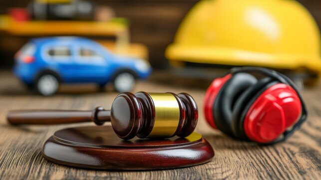 Wooden judge gavel, safety helmet, earmuffs and toy car on wooden table.