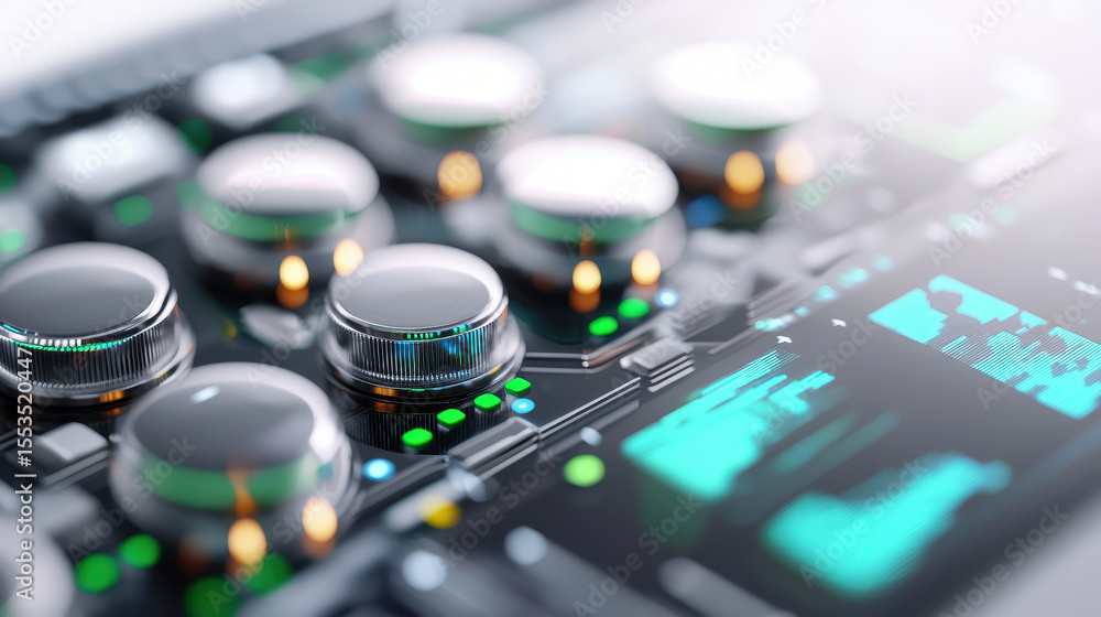 Poster close up view of futuristic financial dashboard featuring sleek buttons and vibrant data displays, s