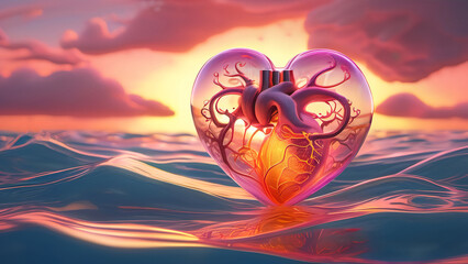 Surreal anatomical pink heart with organic tentacles, translucent textures, and glowing colors. Fusion of biology, sci-fi, and abstract digital art.