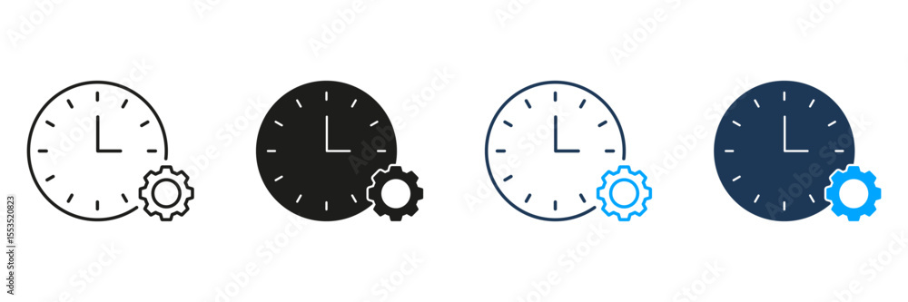 Poster clock with gear line and solid icon set. time management, efficiency, and process optimization silho
