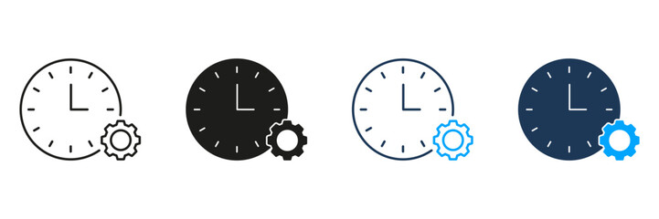 Clock With Gear Line And Solid Icon Set. Time Management, Efficiency, And Process Optimization Silhouette Symbol Collection. Workflow And Productivity Enhancement. Isolated Vector Illustration