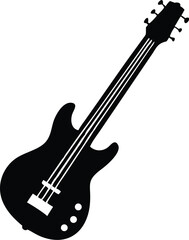 A solid black electric bass guitar stands alone in clear silhouette view, transparent background