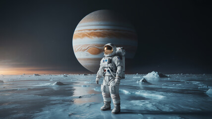 Astronaut standing on a frozen planet surface with jupiter in the background and dark sky above