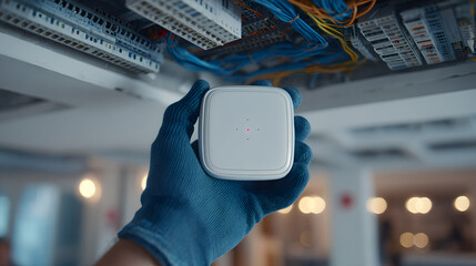 Close-up of a technician's gloved hand fixing a smart smoke detector onto a white ceiling panel, with digital wiring and circuit boxes visible in a partially completed commercial s