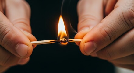Striking a wooden match in the darkness igniting a flame with fingers holding it close showcasing a dangerous element