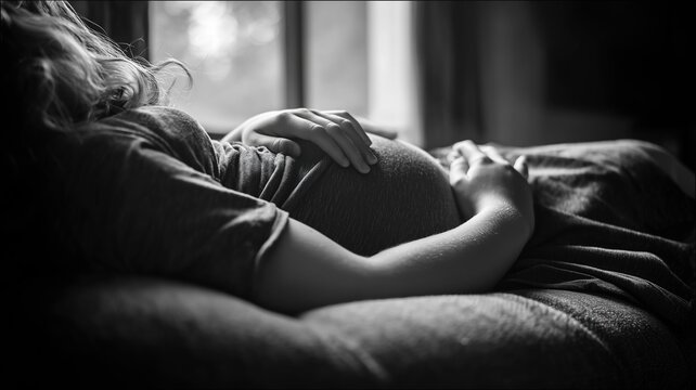 Artistic black and white: mother resting with baby bump - Powered by Adobe