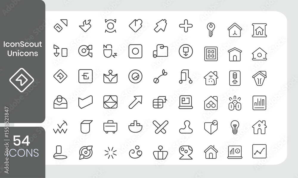 Poster collection of 54 outline icons with various themes and styles for user interface designs