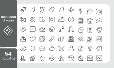 Collection of 54 outline icons with various themes and styles for user interface designs