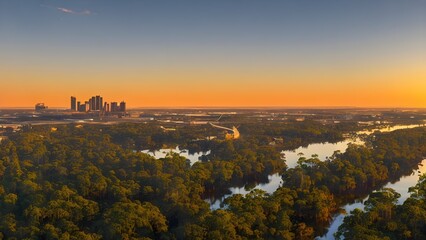 Fototapeta premium Golden cityscapes glow under vibrant sunset and sunrise skies, casting dynamic silhouettes across the urban landscape