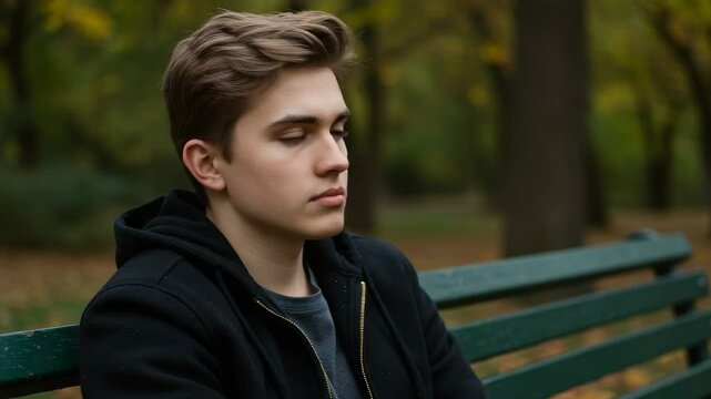 Young man sitting quietly on a park bench in autumn  