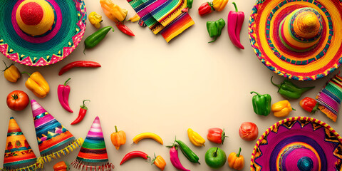 Colorful Sombreros and Chili Peppers Fiesta Flat Lay