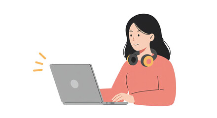 Asian woman working on laptop at home with headphones on  