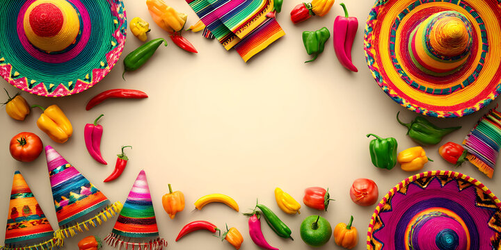 Colorful Sombreros and Chili Peppers Fiesta Flat Lay