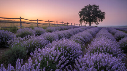 Obraz premium A lavender field at sunset with a wooden fence and a lone tree in the background under a colorful sky