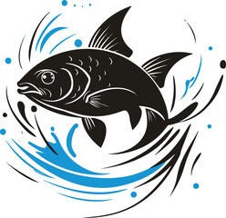  Fish's aquatic realm: A stylized depiction of a fish gracefully navigating through water, accompanied by dynamic strokes and soothing blue hues.