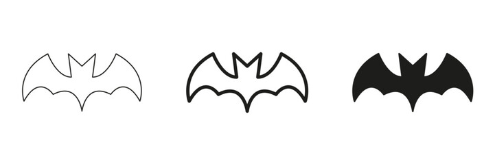 Bat Silhouette In Line, Outline, And Glyph Icon Set. Nocturnal Creature And Halloween Symbol Collection. Perfect For Branding, Design, And Thematic Projects. Isolated Vector Illustration