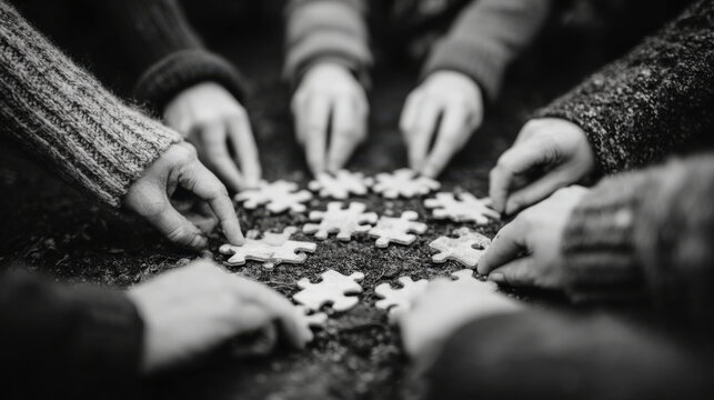 Many hands in sweaters collaboratively assemble puzzle pieces on dark surface, symbolizing unity
