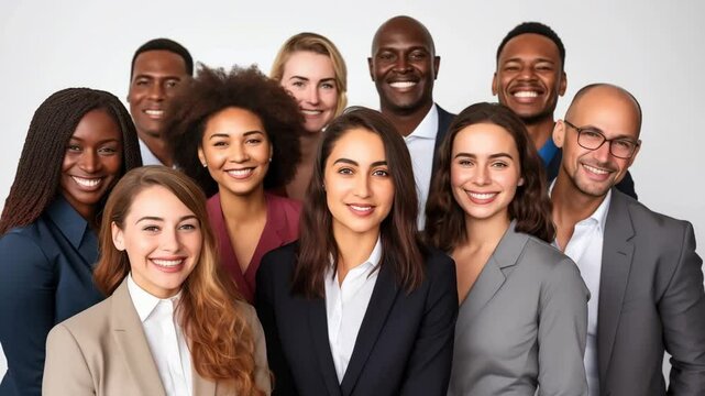 Group of smiling business interacial people in suits on transparent background. Groups of people in business attire. Rich man and women. Business leader. Startup boss. Cinematic. Movie for enterprise
