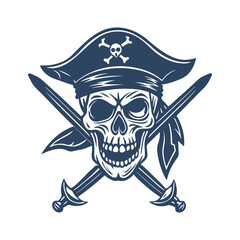 Pirate Skull with Hat and Crossed Swords – Hand Drawn Jolly Roger Emblem in Tattoo Style Isolated on White Background.
