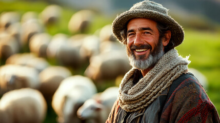 A smiling man in rustic clothing and a hat stands among a flock of sheep in a grassy field. Concept of pastoral life and agriculture. For rural lifestyle photo.