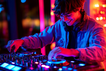 Young man wearing headphones is DJing at a vibrant party with colorful lights. Concept of nightlife entertainment. For event promotion.