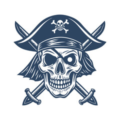 Pirate Skull with Hat and Crossed Swords – Hand Drawn Jolly Roger Emblem in Tattoo Style Isolated on White Background.