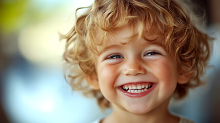 A young child with curly blonde hair is smiling brightly, showing white teeth. Concept of happiness, joy, childhood. For emotional and heartfelt photo use.