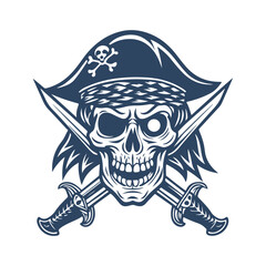 Pirate Skull with Hat and Crossed Swords – Hand Drawn Jolly Roger Emblem in Tattoo Style Isolated on White Background.