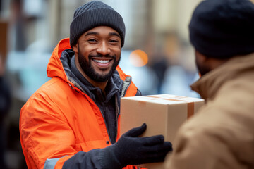 A person in an orange jacket hands a package to another person in an outdoor setting. Concept of delivery, service, and connection. For a photo depicting delivery service interaction.
