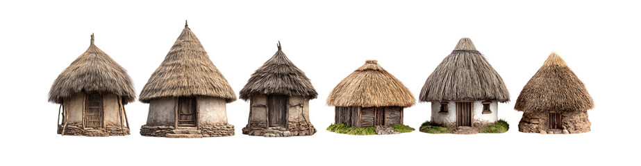 Pack of Collection of Thatched Roof Houses Architectural Diversity in Rural Dwellings against transparent Background